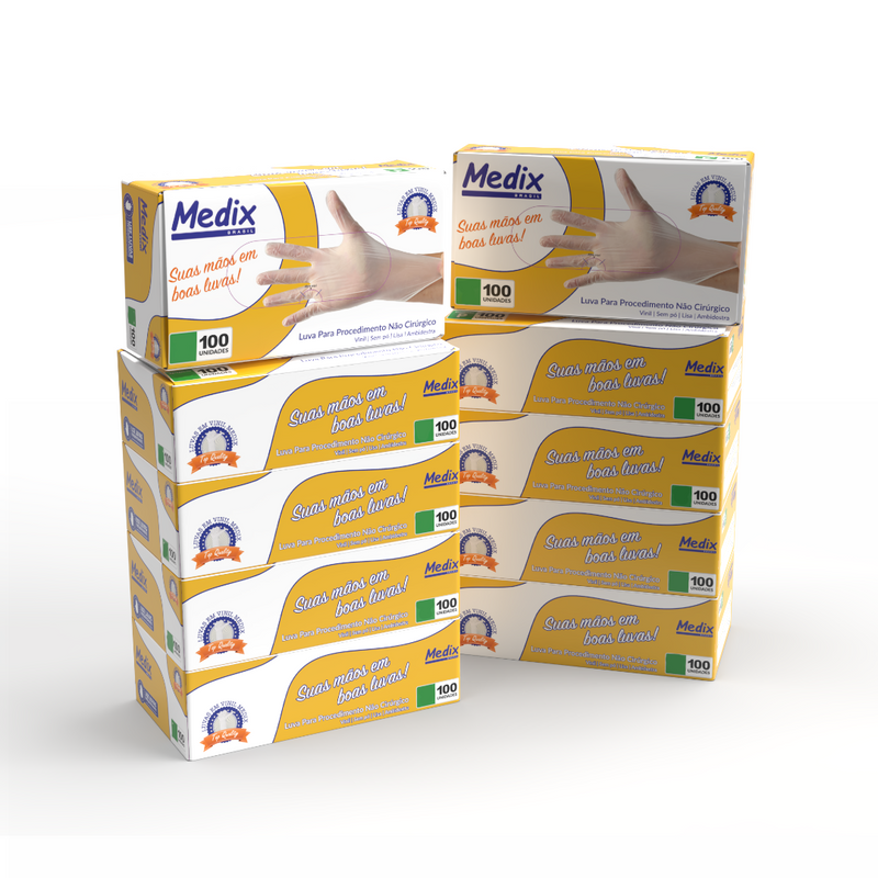 Kit 10 Caixas De Luva Vinil Sem Pó Medix Brasil - 1000 UN. (500 pares)