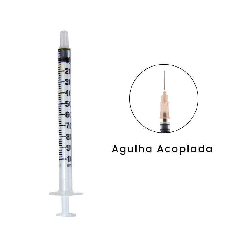 Seringa de Insulina 1ml 100UI com Agulha Acoplada 13x0,45mm - Caixa com 100 un.