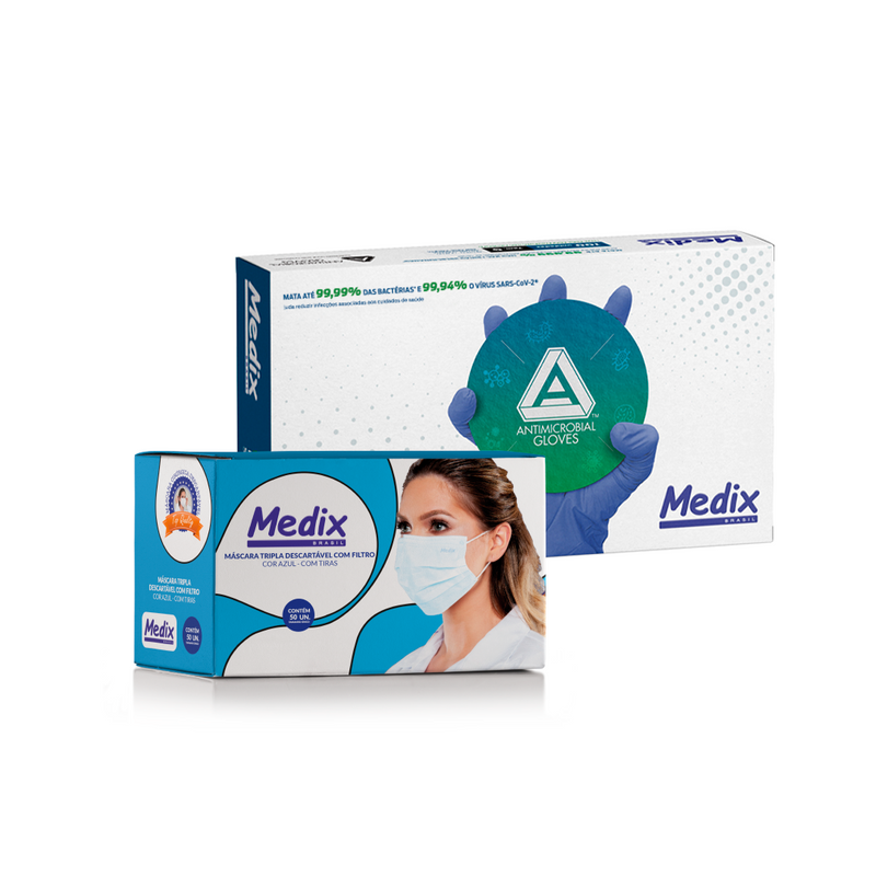 Kit Luva Nitrílica Antimicrobiana AMG Medix Brasil - Caixa com 100 un. e Máscara Tripla Descartável Com Filtro (BFE) Azul - Caixa 50 un.