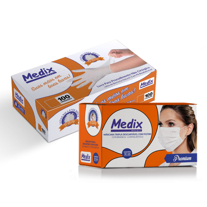 Kit Luva Látex Com Pó Medix Brasil - Caixa com 100 un. e Máscara Tripla Descartável Com Filtro (BFE) Branca - Caixa 50 un.